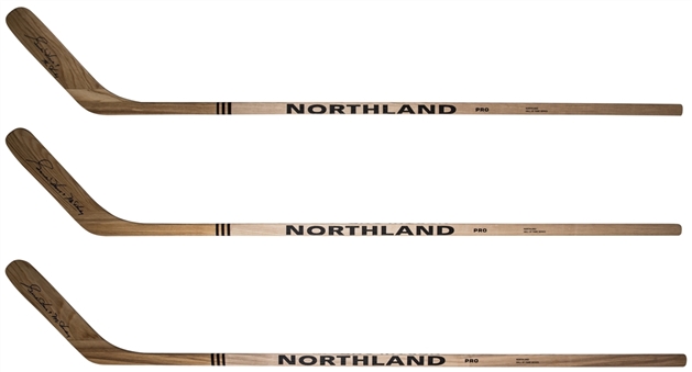 Lot of (3) Gordie Howe Autographed and Inscribed "Mr. Hockey" Howe Model Sticks (JSA)